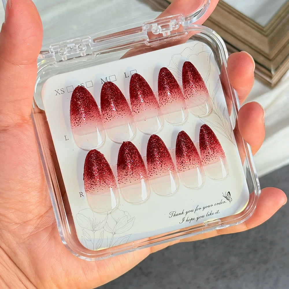 144Pcs Red Glitter Gradient Press On Nails – Wine Red French Tips