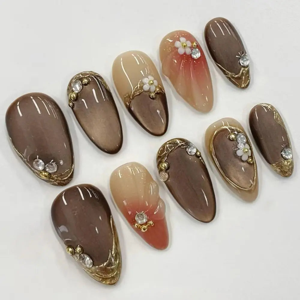 Long Almond Press On Nails – French Aurora Gilding Flower Tips