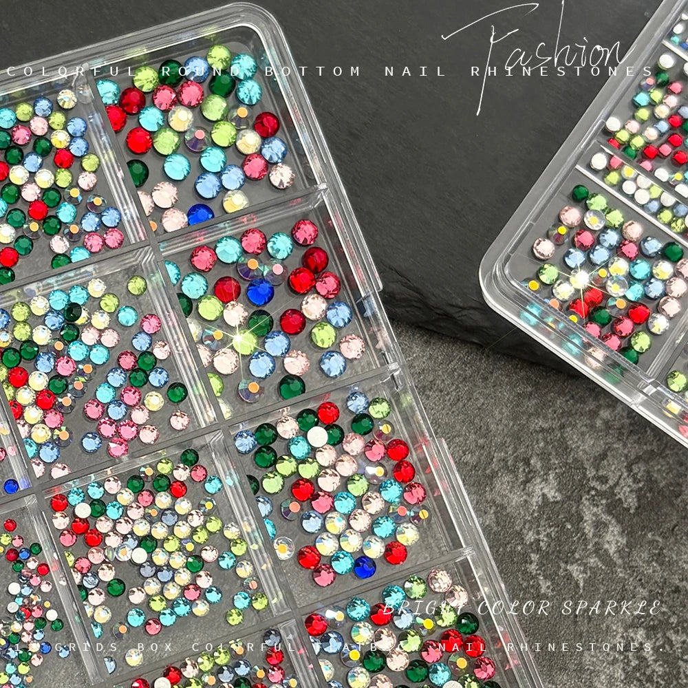 12-Grid Iridescent Flatback Nail Rhinestones – Mixed Crystal Gems Nail Art Rhinestones PRIMED