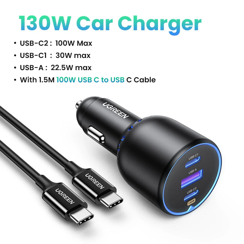 UGREEN 130W Car Charger 3-Port USB-C PD Fast Charging Car Charger PRIMED Add 100W PD Cable China Mainland