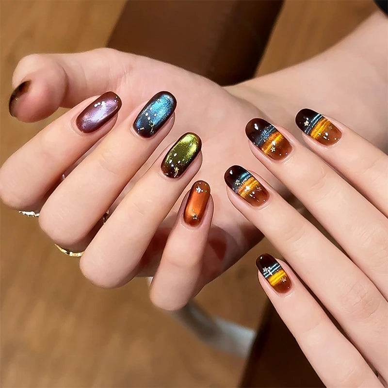 Cat Eye Gel Nail Polish Warm Brown Glass Bead Stripe UV LED