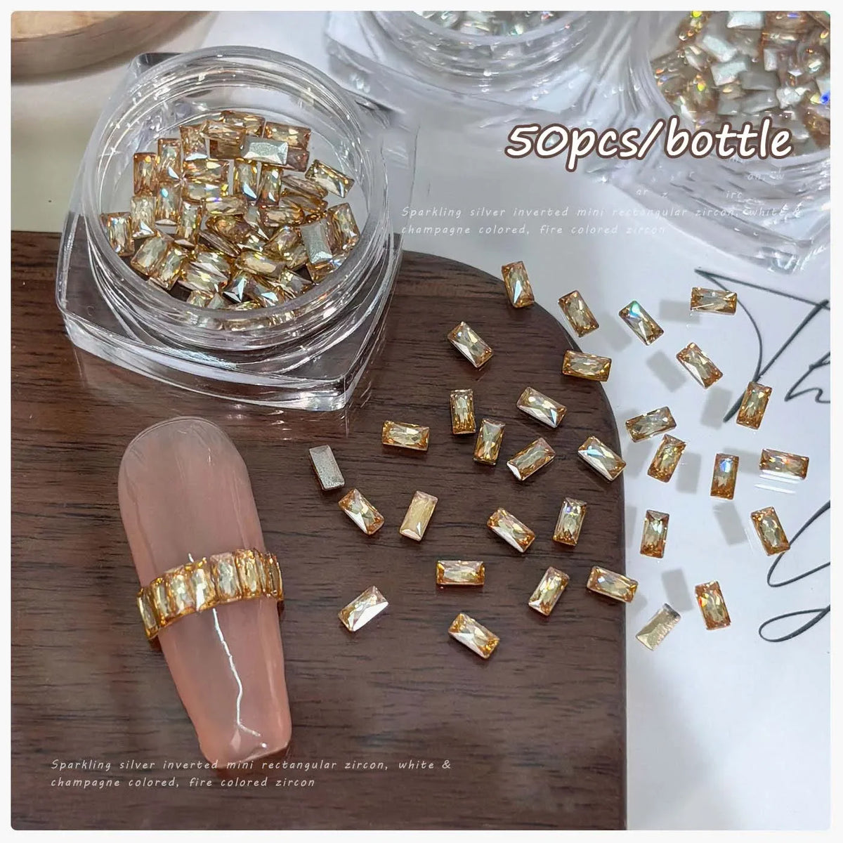50Pcs Rectangular Zirconia Nail Rhinestones 2×4mm Clear & Champagne Nail Art Rhinestones PRIMED champagne 50pcs