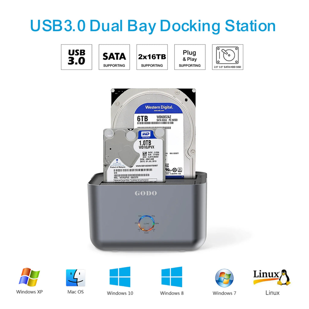 GODO Dual Bay HDD SSD Docking Station USB 3.0 Offline Clone HDD Docking Station PRIMED
