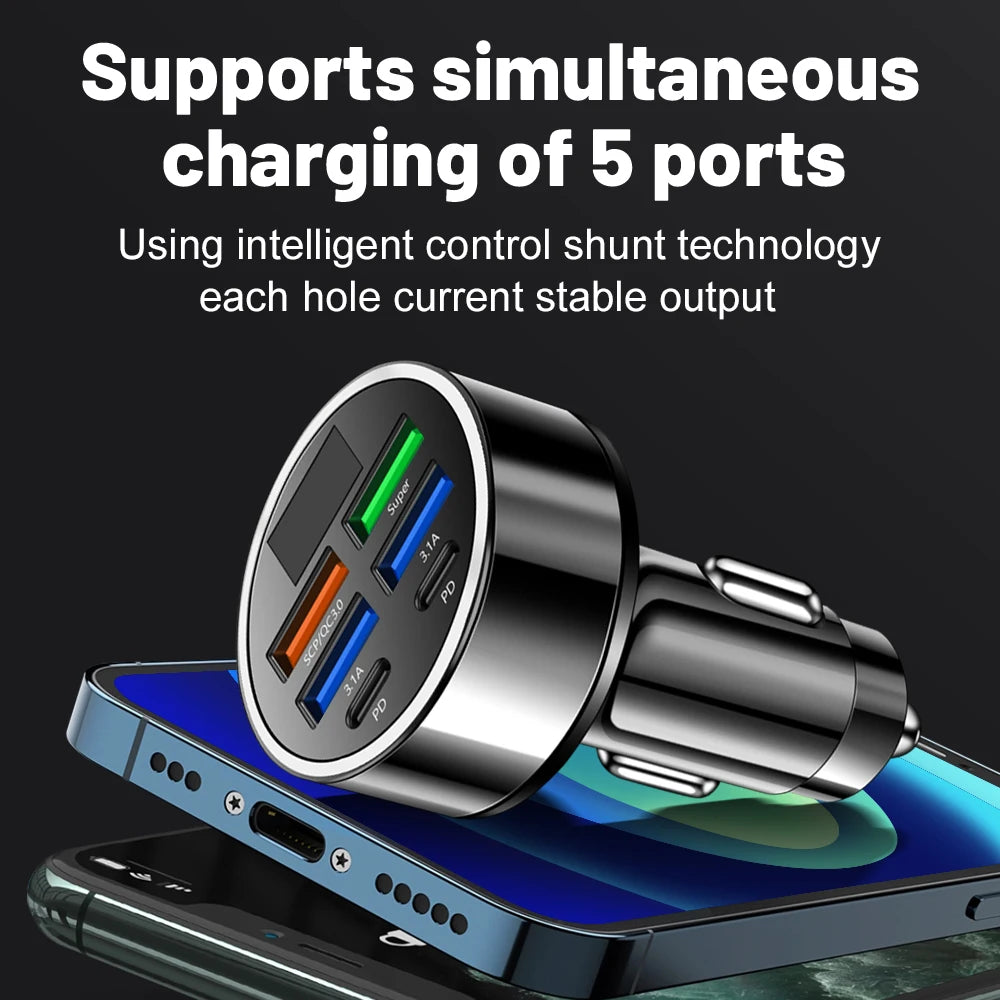 6-Port 120W Car Charger PD QC3.0 USB-C Fast Charging Adapter Car Phone Charger PRIMED