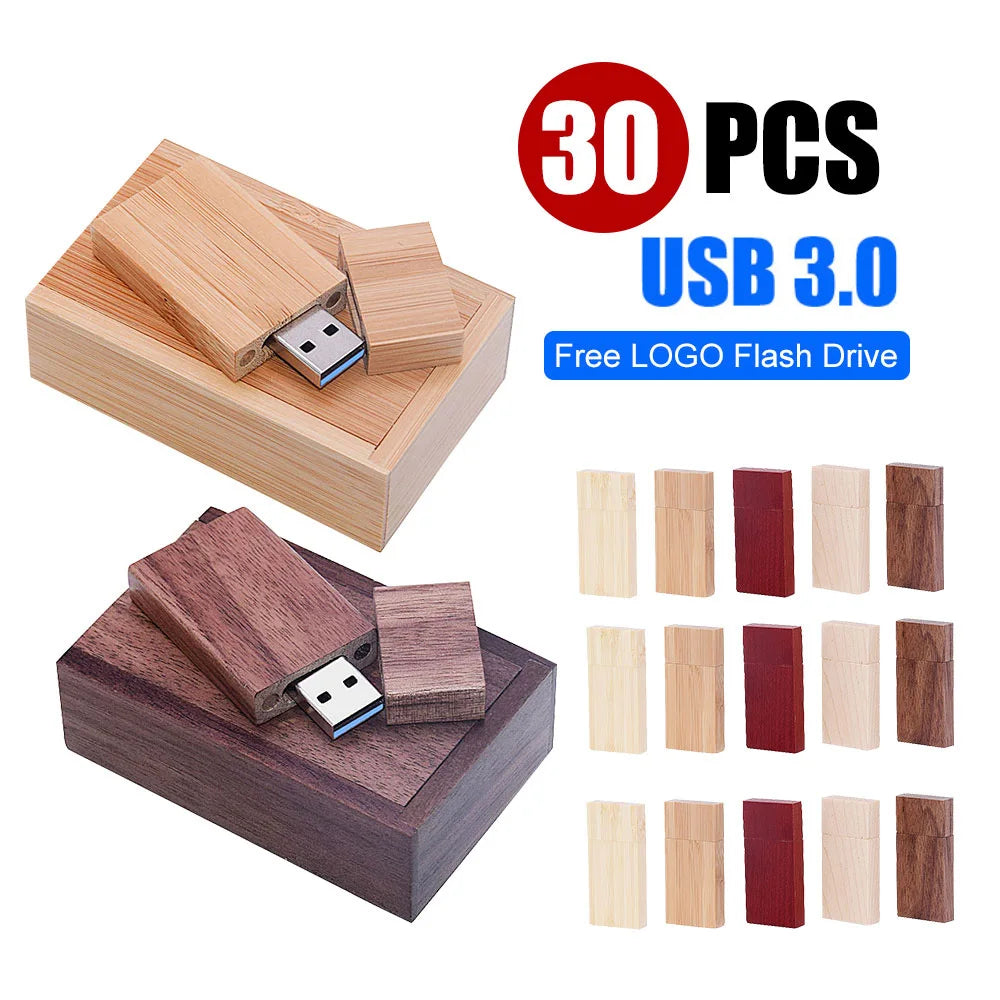 30-Pack Custom Logo Bamboo USB 3.0 Flash Drives 4GB–128GB USB Flash Drive PRIMED