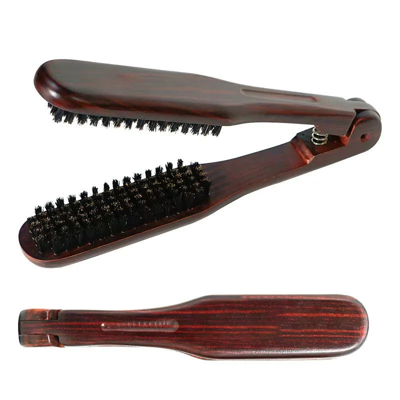 V-Shape Double Brush Hair Straightening Comb | Wooden Handle