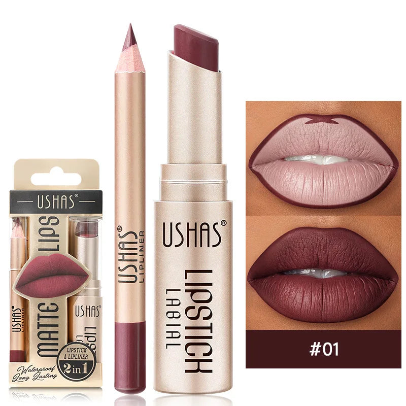 USHAS 12-Color Matte Lipstick & Lip Liner Set – Long-Lasting