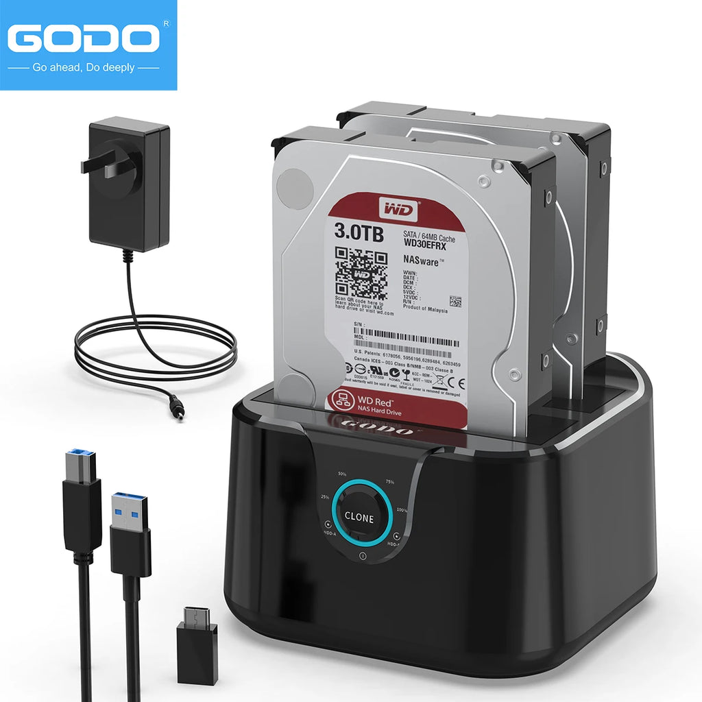 GODO Dual Bay USB 3.0 Type-C HDD Dock | Offline Clone 40TB HDD Docking Station PRIMED