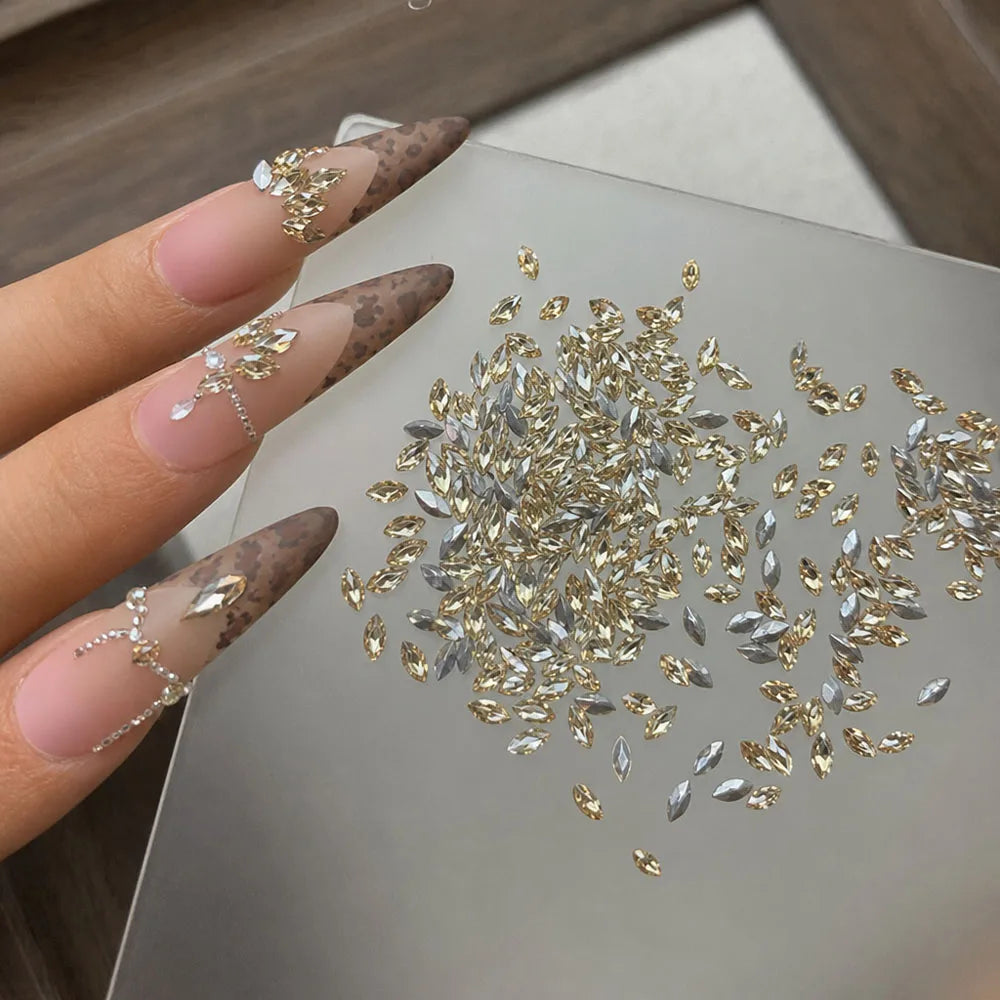 100Pcs Champagne Gold Snowflake Nail Rhinestones | 3D Crystals