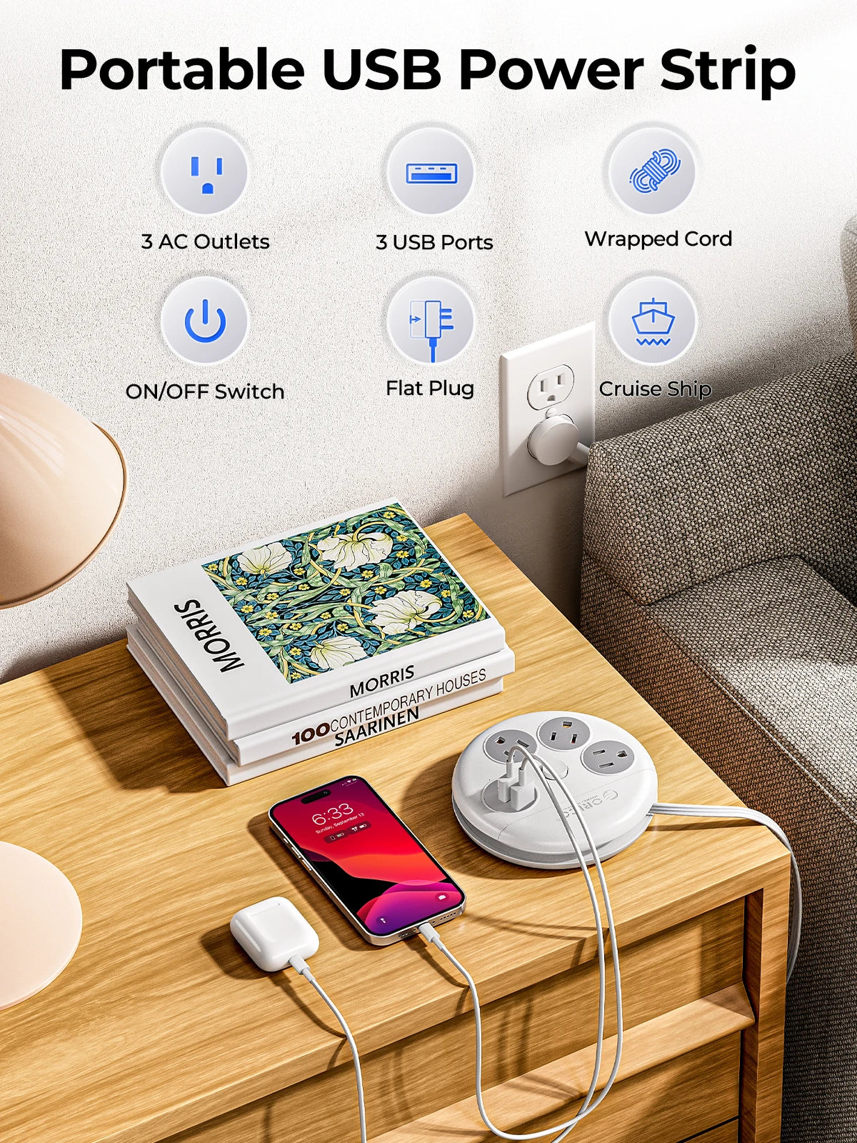 ORICO Power Strip 3 Outlets USB-C Fast Charge Travel Adapter Power Strip PRIMED