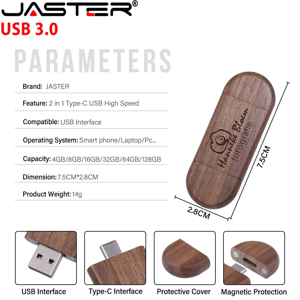 JASTER 10-Pack Wooden USB 3.0 Type-C Flash Drive Custom Logo Wooden USB Flash Drive PRIMED