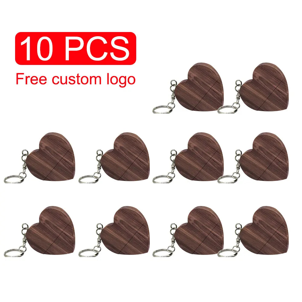 10-Pack Wooden Heart USB Flash Drives 8–64GB | Custom Logo USB Flash Drive PRIMED 128 GB walnut