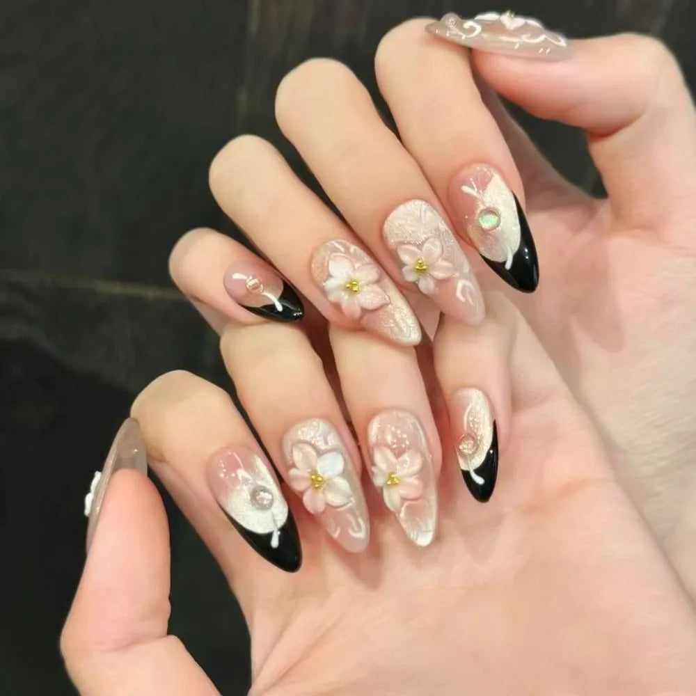 Long Almond Press On Nails – French Aurora Gilding Flower Tips