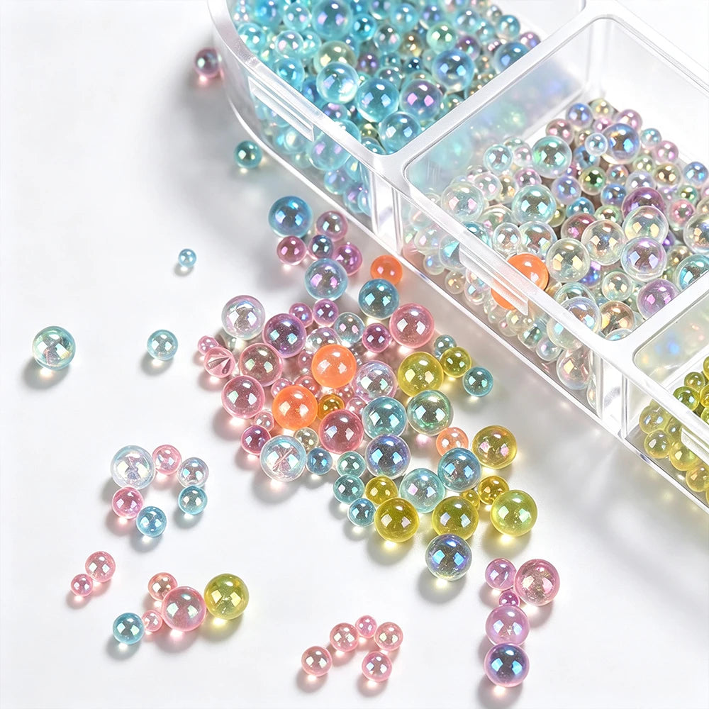 Aurora Iridescent Bubble Beads Nail Charms – 6-Grid Glass Set Nail Art Charms PRIMED