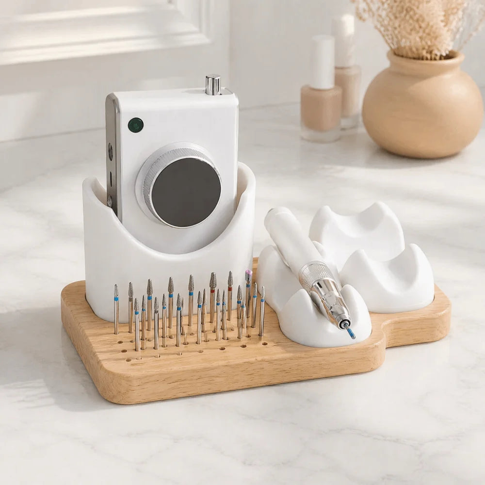 Nail Drill Bit Holder – 24-Hole Wood & Silicone Organizer