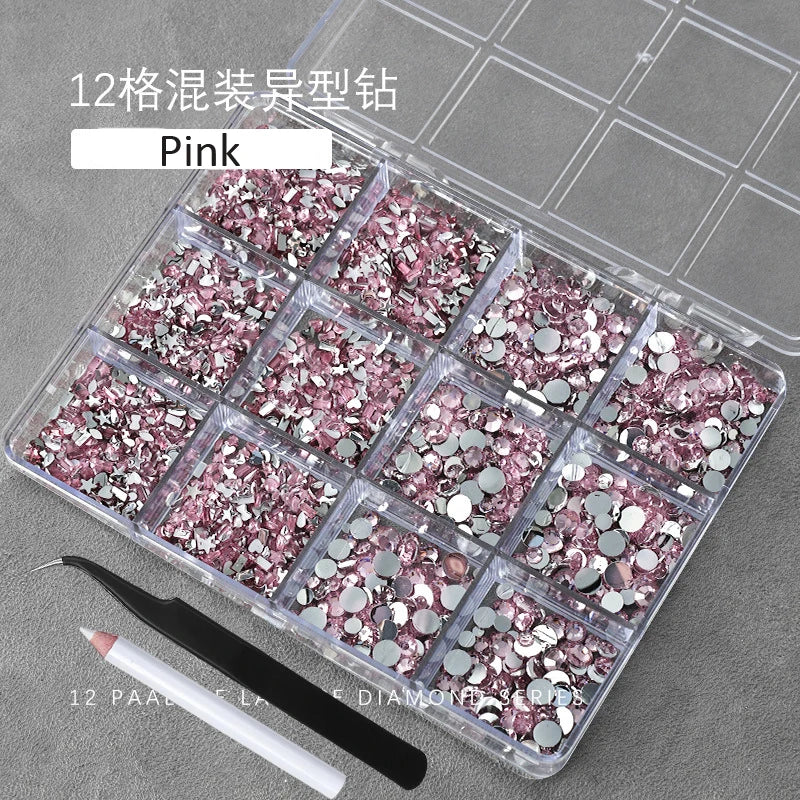 3D Crystal Nail Rhinestones Kit – 12 Shapes, Gems & Tweezer Nail Rhinestone Kit PRIMED ZB148-7