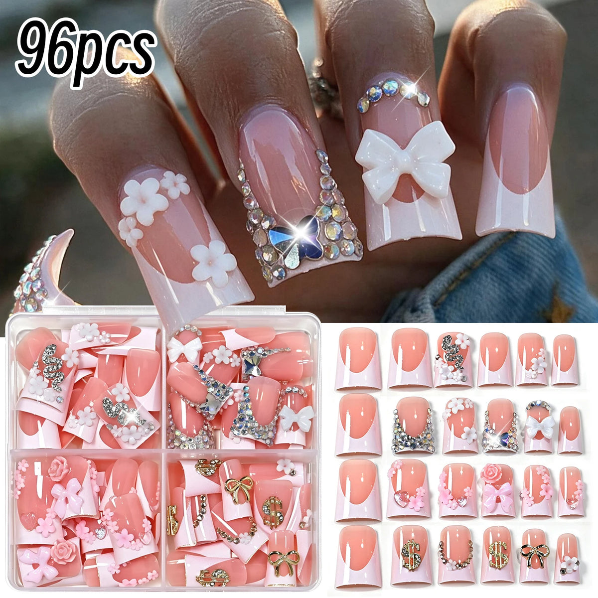 96Pcs Press On Nails Nude French Duckbill Butterfly & Bows
