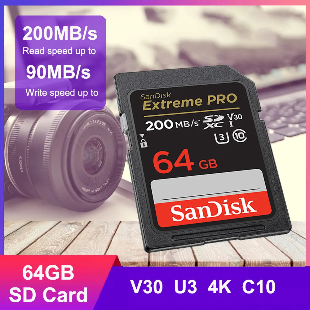 SanDisk Extreme SD Card 4K UHD 32GB–256GB C10 U3 V30 SD Memory Card PRIMED Extreme PRO 64GB