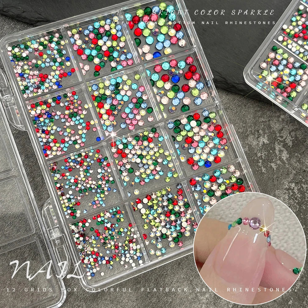 12-Grid Mixed AB Crystal Nail Rhinestones & Glitter Gems Set Nail Art Rhinestones PRIMED A2