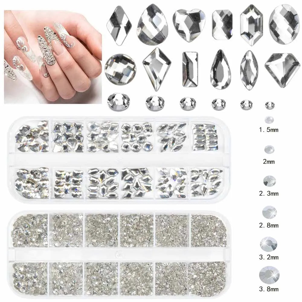 12-Grid Pink Mirror Nail Rhinestones – Mixed Crystal Art Set Nail Art Rhinestones PRIMED 01