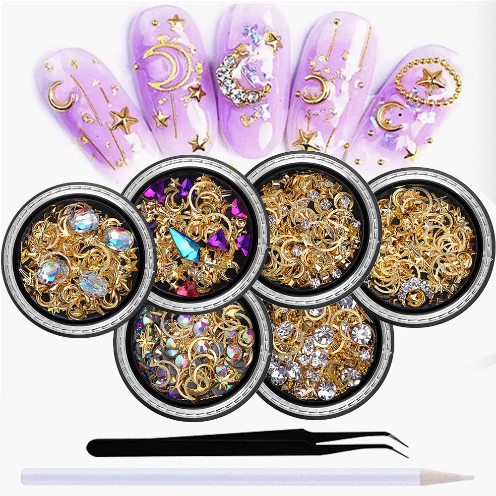 6-Box 3D Nail Rhinestones & Charms Set – Star Moon Studs Nail Art Charms PRIMED