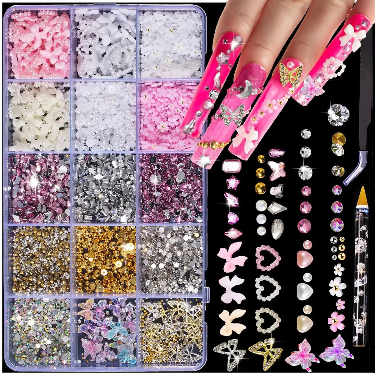 10,000Pcs 3D Butterfly Nail Charms Kit – 15-Grid Box & Tools