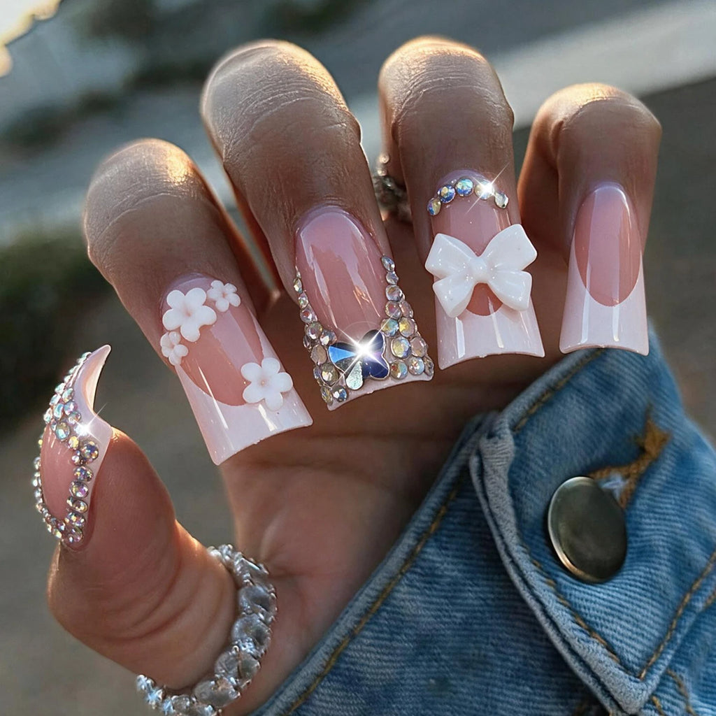 96Pcs Press On Nails Nude French Duckbill Butterfly & Bows Press On Nails PRIMED