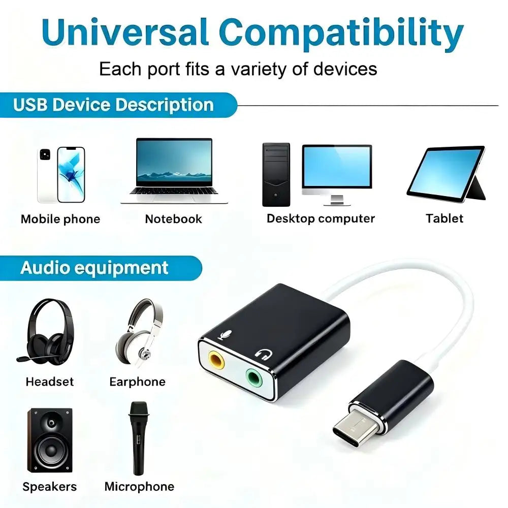 USB-C to 3.5mm External Sound Card Adapter for Laptop & Mac