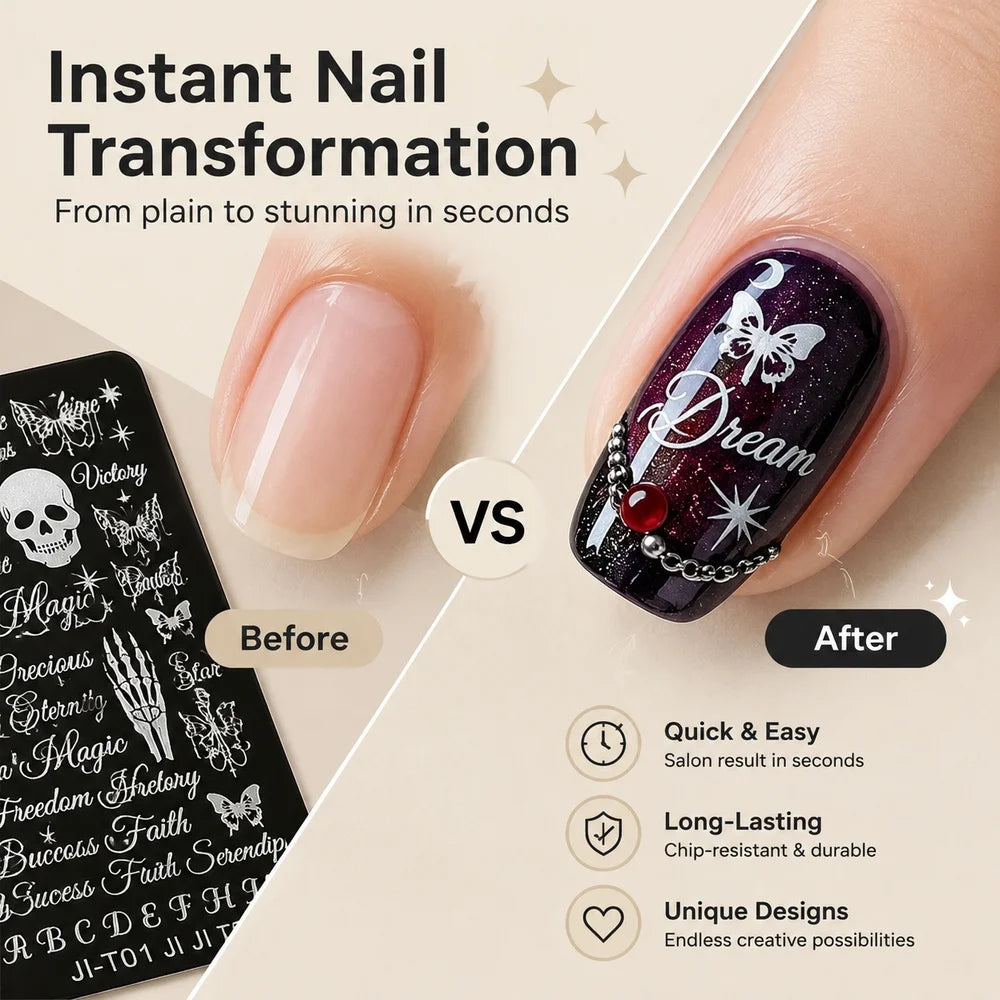 Y2K Gothic Nail Stamping Plate – Skull Butterfly Cursive DIY