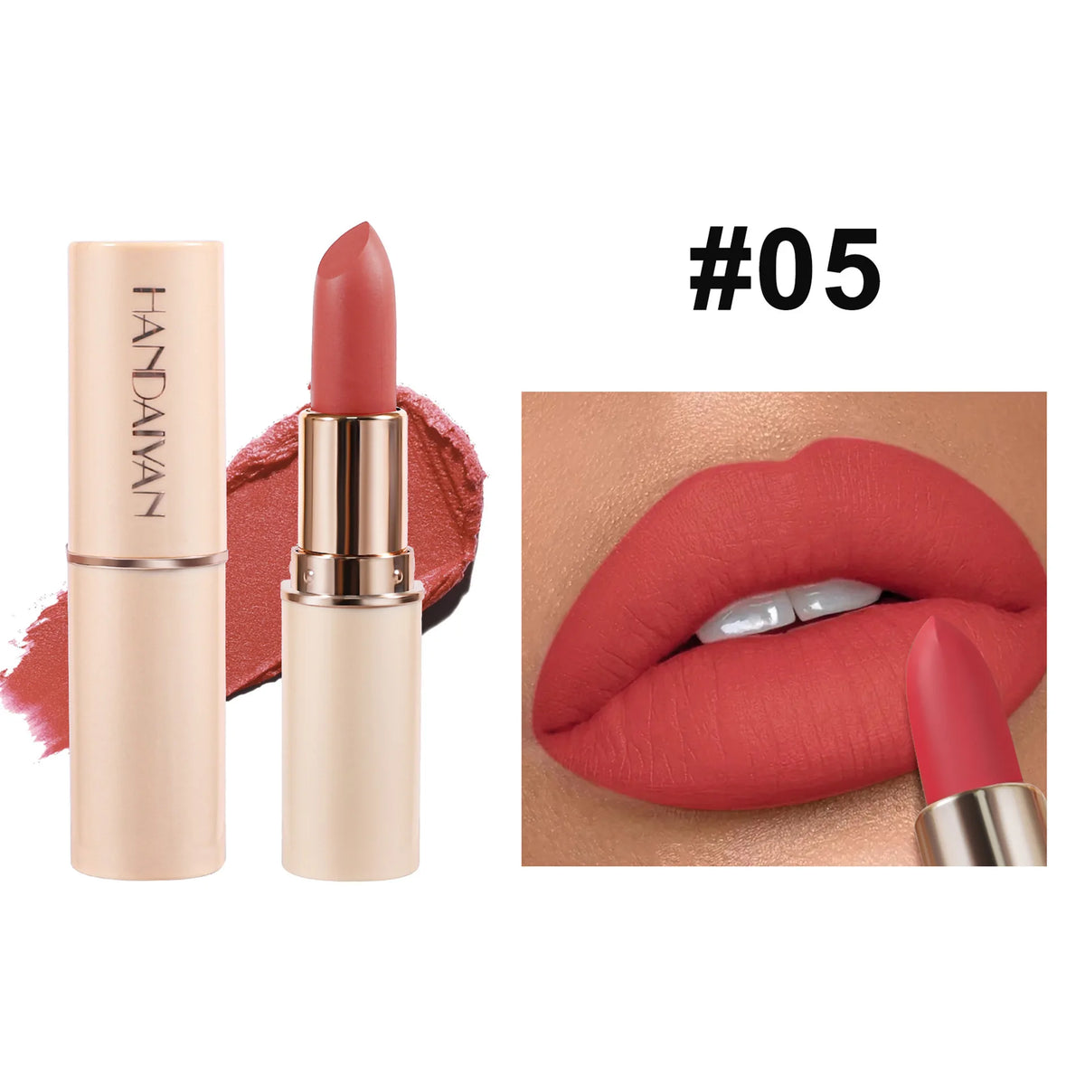 Handaiyan Matte Velvet Lipstick – Waterproof, 8 Colors Matte Lipstick PRIMED 05 Full Size