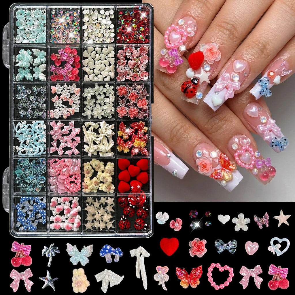 24-Grid 3D Nail Charms – Bows, Butterflies & Crystal Flowers Nail Art Charms PRIMED