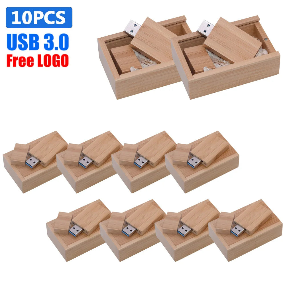 10-Pack Bamboo USB 3.0 Flash Drives | Free Custom Logo Engraved Custom USB Flash Drive PRIMED 4GB Carbonized with box