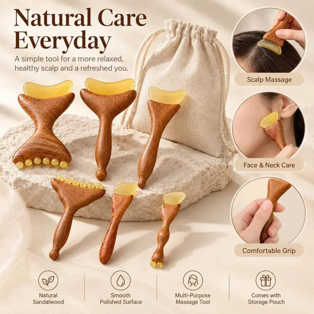 Wooden Handle Gua Sha Facial Massage Tool + Storage Pouch