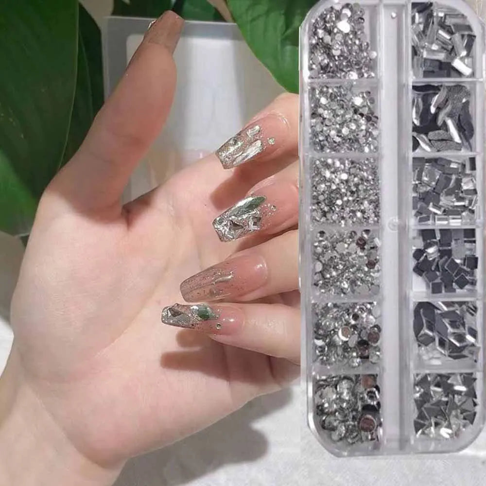 12-Grid 3D Crystal Nail Rhinestones – Mixed Size Gem Set Nail Art Rhinestones PRIMED