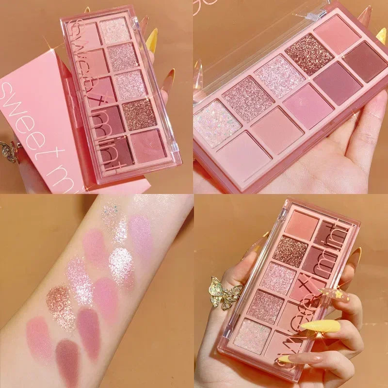 10-Color Glitter Shimmer Eyeshadow Palette – Waterproof & Nude