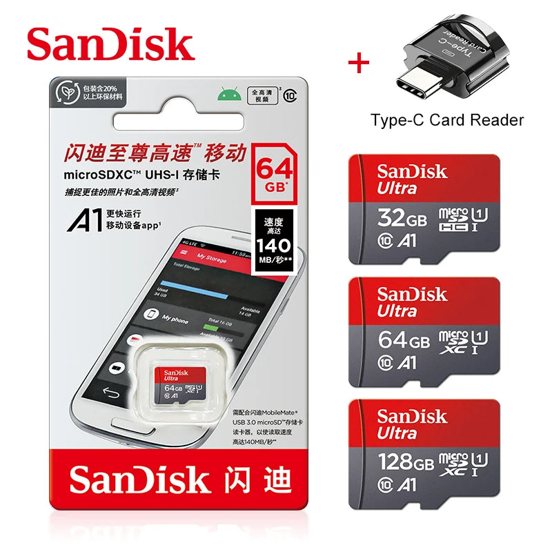 SanDisk A1 Micro SD Card 32–256GB 100MB/s + Type-C Reader Micro SD Card PRIMED
