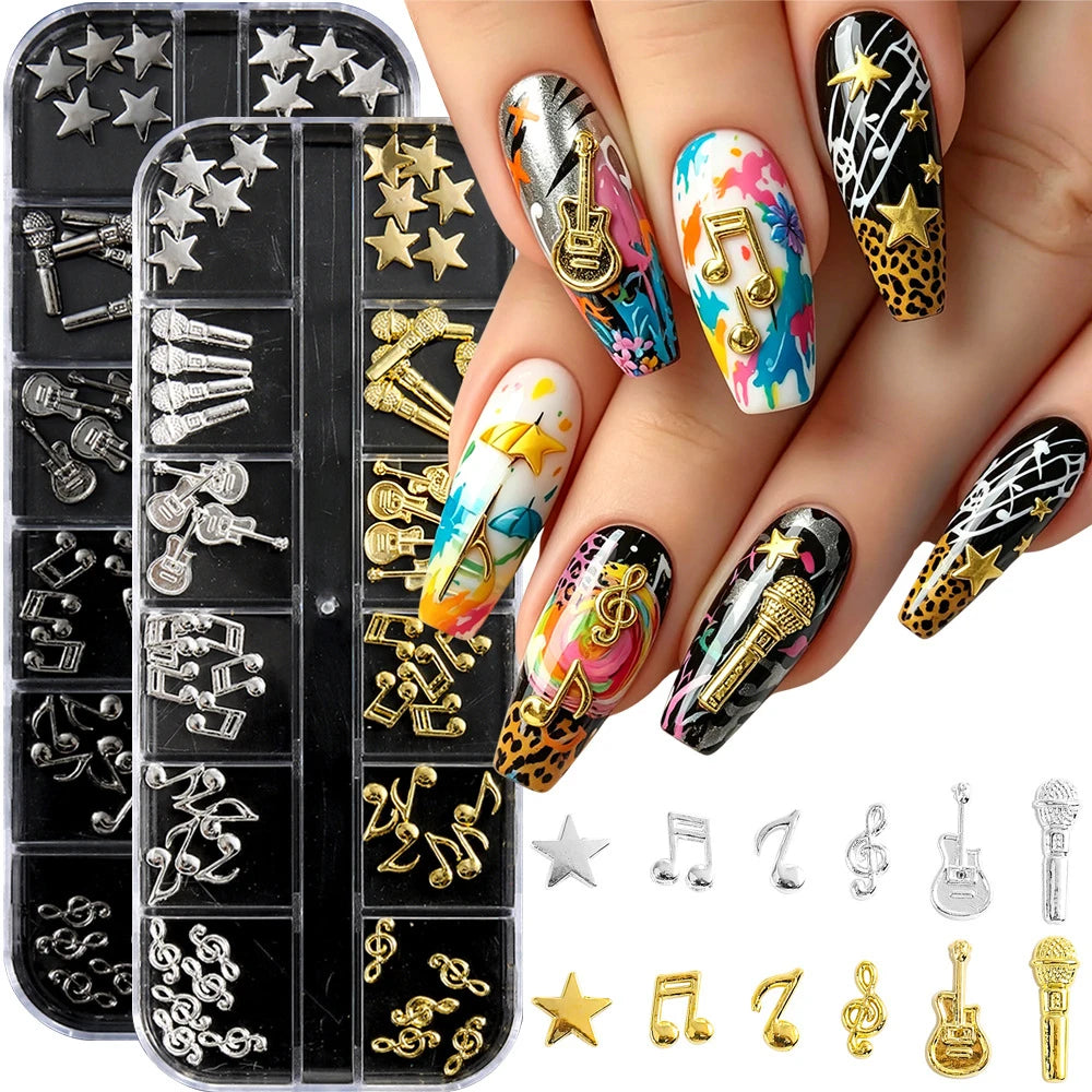 Music Note Guitar Nail Art Charms 12-Grid | Gold & Silver Nail Art Charms PRIMED
