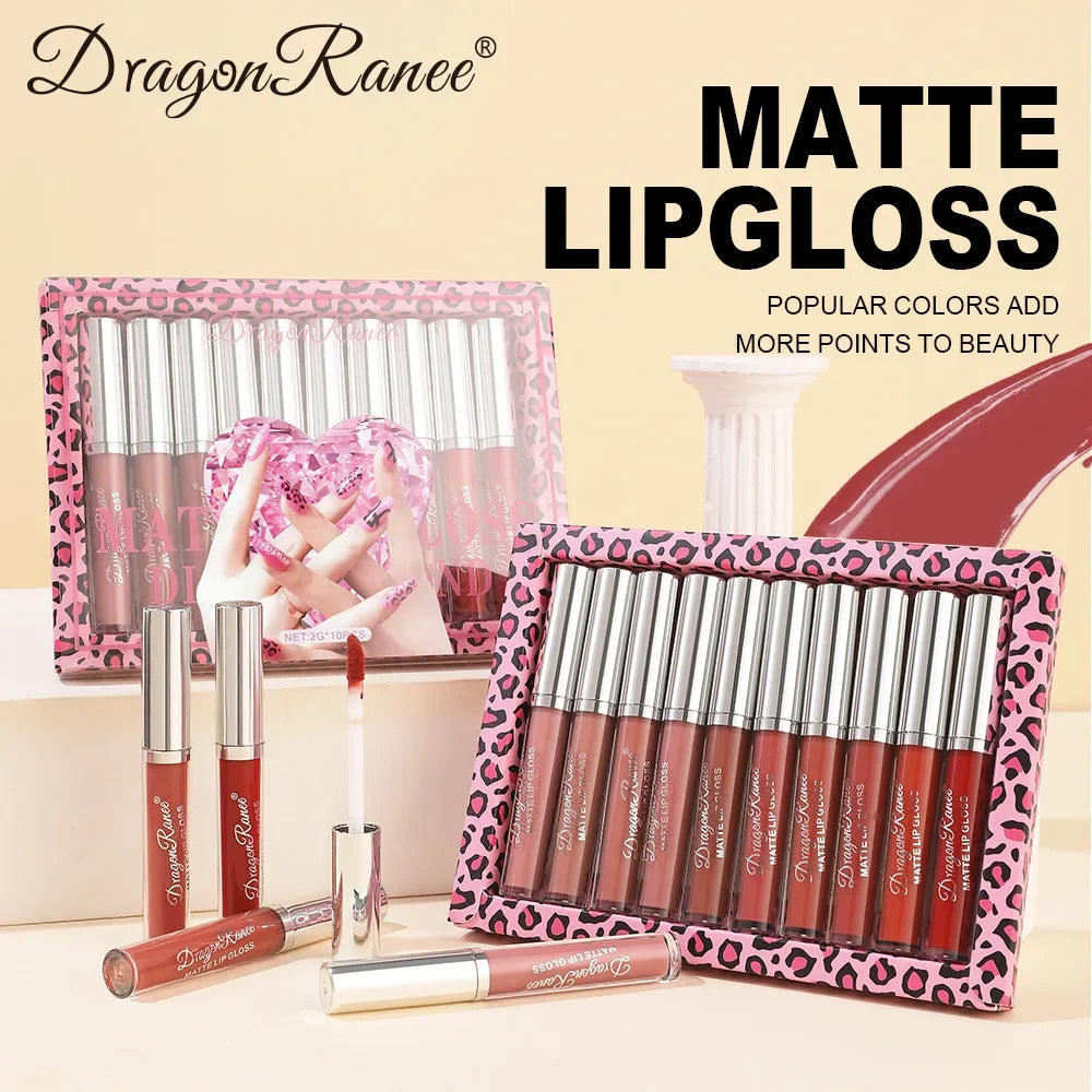 Dragon Ranee Velvet Matte Lip Gloss Set – 10pc Waterproof Matte Lip Gloss Set PRIMED