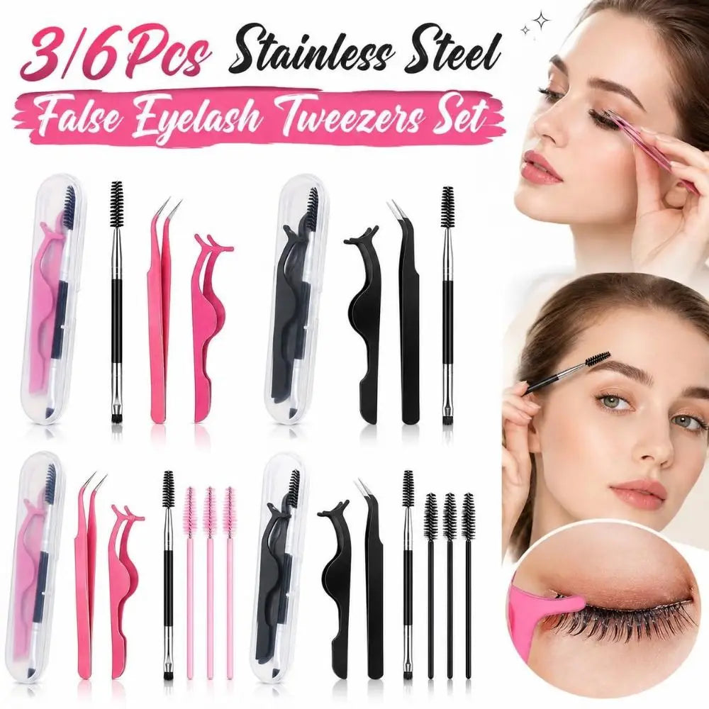 Stainless Steel Tweezers Set 3/6Pcs – Eyebrow & Eyelash Tool