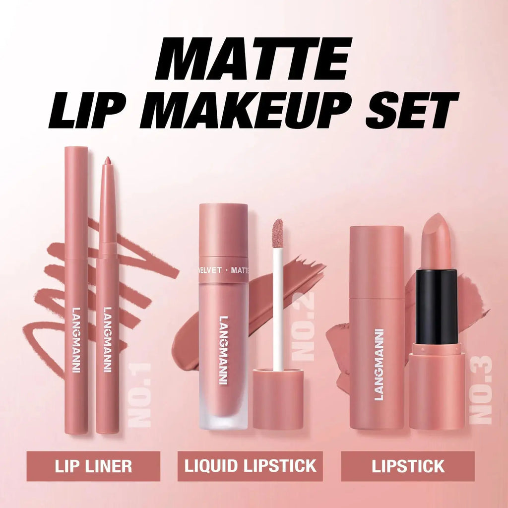 LANGMANNI 3-Piece Matte Lipstick & Lip Liner Kit – Long Wear Lip Makeup Kit PRIMED