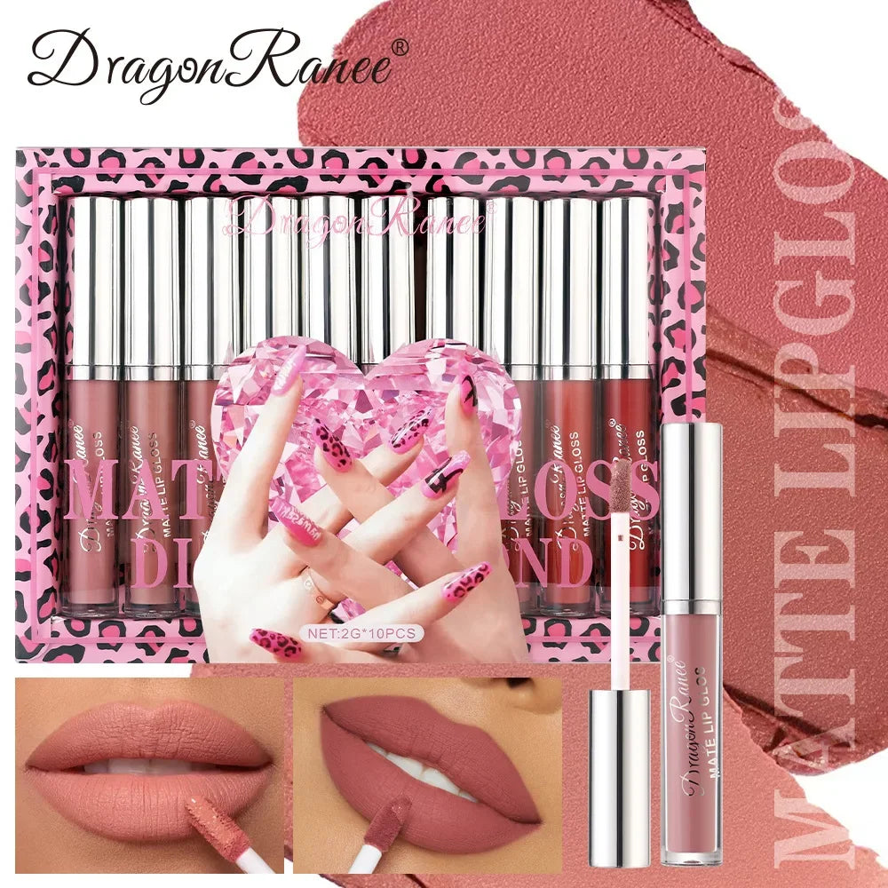 Dragon Ranee Velvet Matte Lip Gloss Set – 10pc Waterproof Matte Lip Gloss Set PRIMED