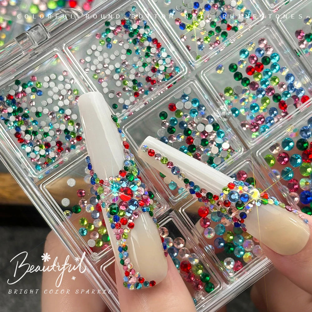 12-Grid Iridescent Flatback Nail Rhinestones – Mixed Crystal Gems Nail Art Rhinestones PRIMED