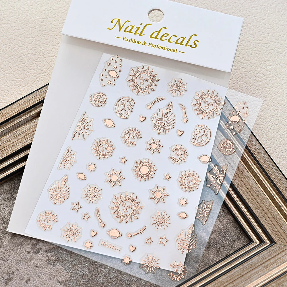 Rose Gold 3D Nail Stickers – Sun Moon Star Bohemian Art