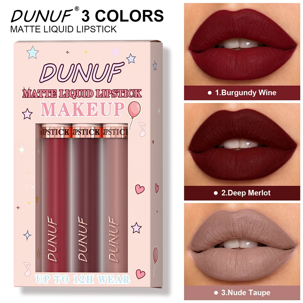DUNUF 3-Pc Matte Velvet Liquid Lipstick Set – Wine Red & Nude Liquid Lipstick Set PRIMED