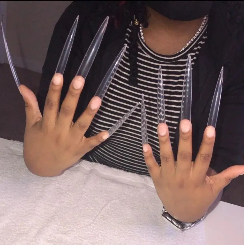 12Pc XXL Stiletto False Nail Tips Clear 9.3cm Half Cover False Nail Tips PRIMED