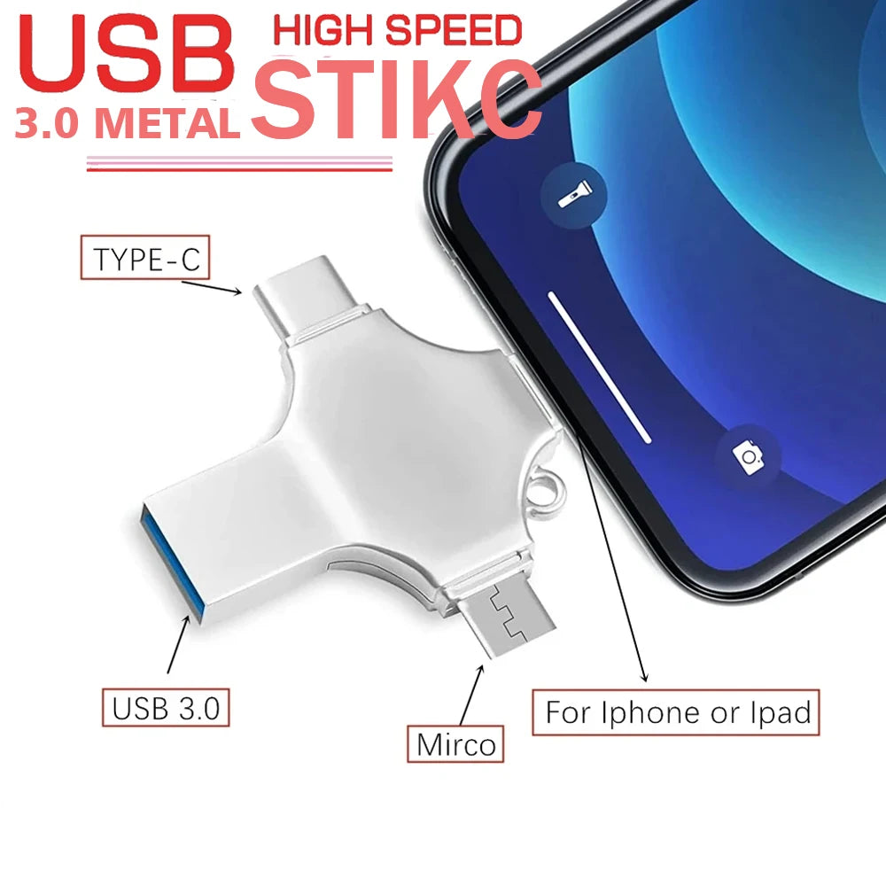 4-in-1 USB 3.0 Flash Drive 256GB 128GB for iPhone Android USB Flash Drive PRIMED