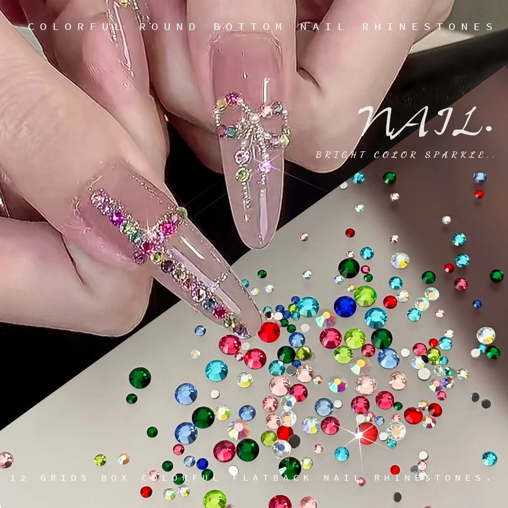 12-Grid Iridescent Flatback Nail Rhinestones – Mixed Crystal Gems Nail Art Rhinestones PRIMED