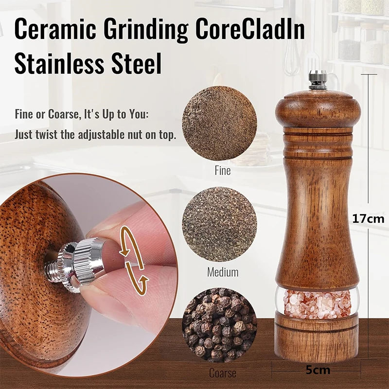 Oak Wood Salt & Pepper Mills Set with Tray | Ceramic Grinder Salt & Pepper Mills PRIMED