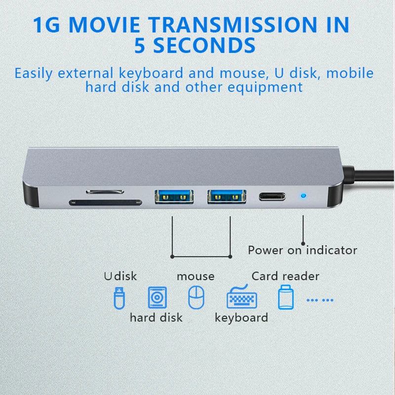 UTHAI 6-in-1 USB-C Hub – 4K HDMI, USB 3.0, SD/TF, PD