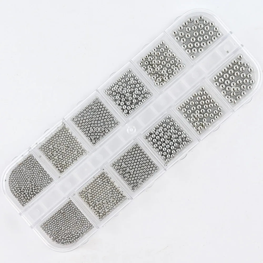 Nail Art Metal Round Beads 0.8–3.0mm Gold Silver | 12-Grid Box Nail Art Beads PRIMED PH138-06
